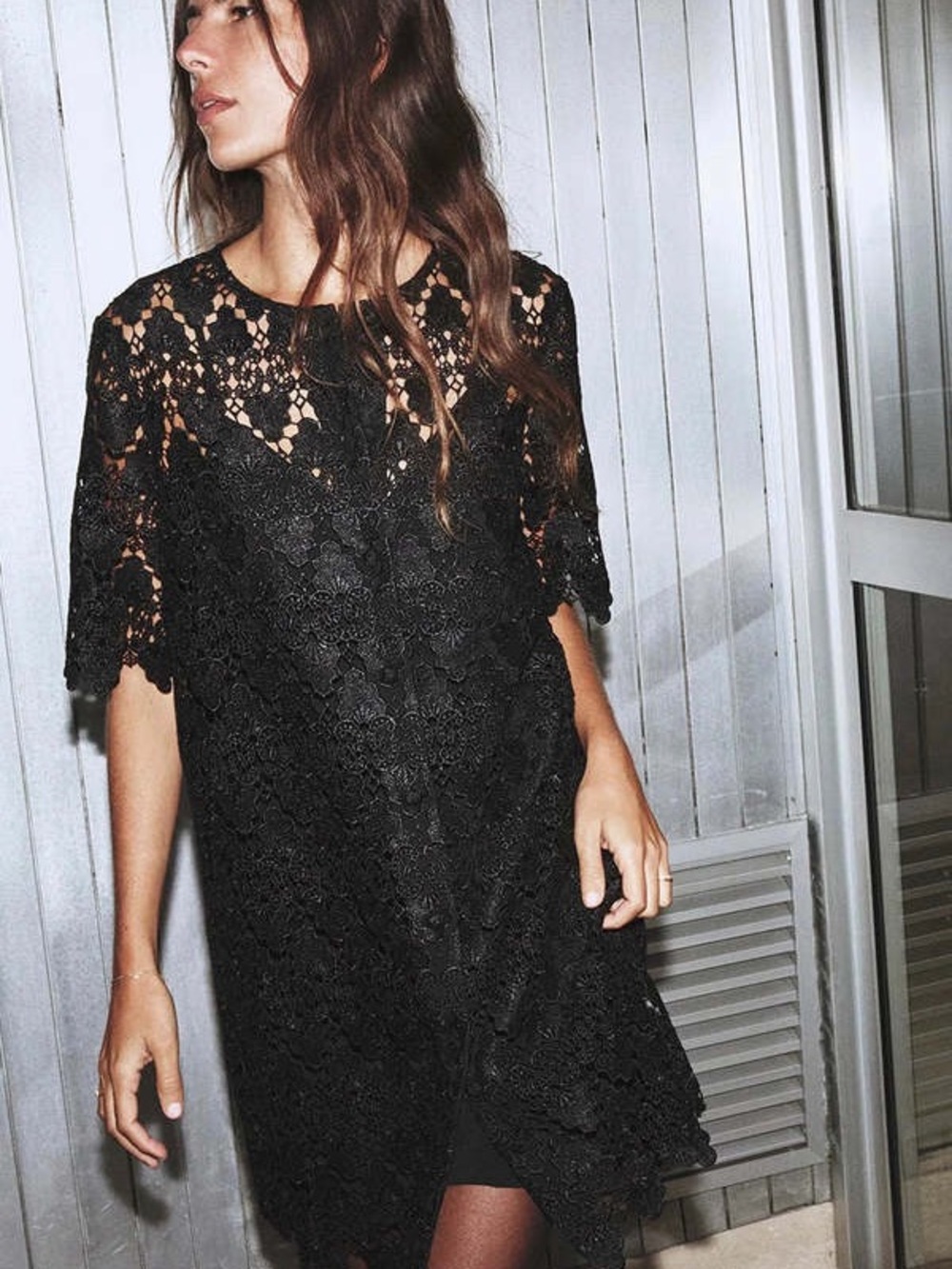 FRAME Black Crochet Lace Shift Dress